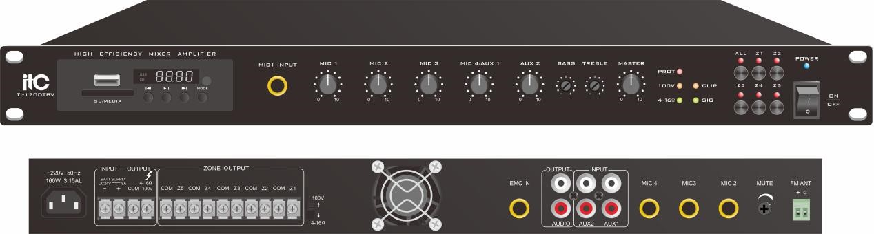 Amply ITC TI-120DTBV 5 vùng loa 120W, phát nhạc MP3, FM, Bluettooth, có nguồn 24V DC